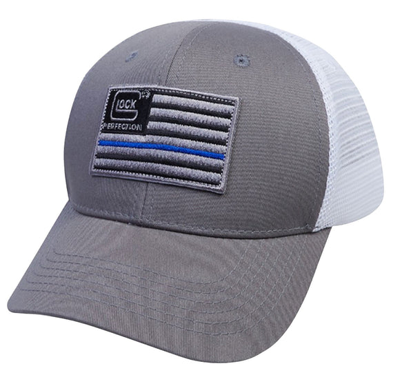 Glock AS10071 Blue Line  Hat with Flag Gray Front/White Mesh Back Cotton Snapback