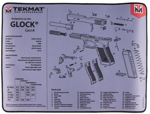 TekMat TEKR20GLOCKG4GY Ultra Premium Cleaning Mat  Glock Gen4 Parts Diagram 15 x 20 Gray