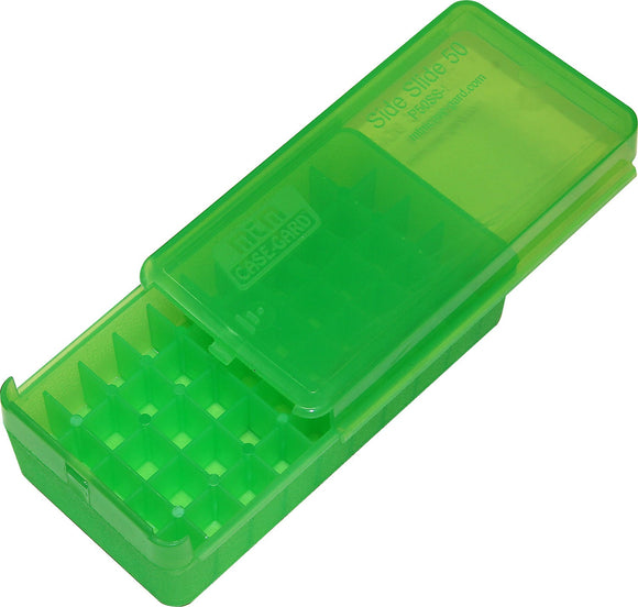 MTM P50SS4516 Side-Slide Ammo Box Pistol 45 ACP,10mm,32 NAA, 357 Sig,38 Casull,40 S&W,400 Cor-Bon 50 Rounds Clear Green Plastic