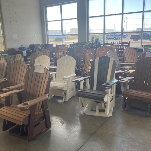 A variety of Adirondack chairs.