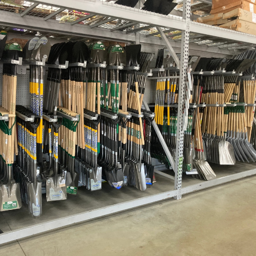 Lawn and garden tools on display.