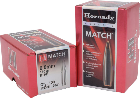 Hornady 26335 Match  6.5mm .264 140 GR Boat Tail Hollow Point Match 100 Per Box