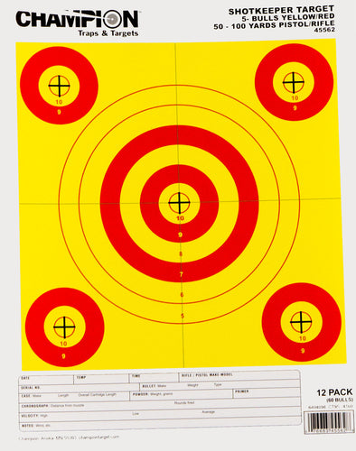 Champion Targets 45562 Shotkeeper  5-Bullseye Hanging Paper Target 8.50 x 11 12 Per Pack