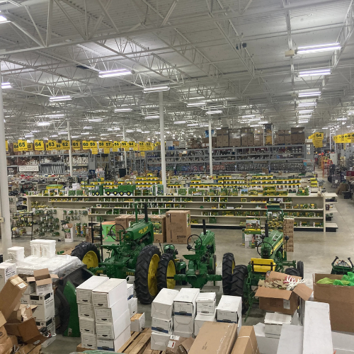 An arial view of John Deere equipment and parts