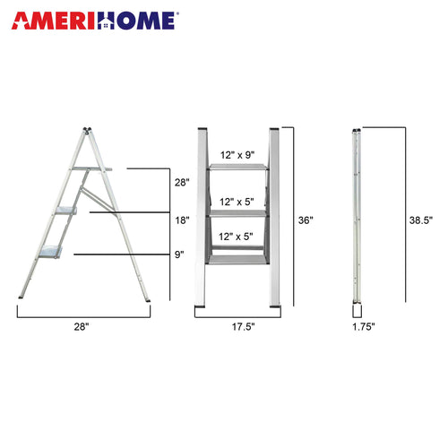 AmeriHome Three Step Ultra Slim Aluminum Folding Utility Step Ladder
