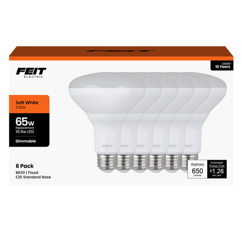 Feit Electric 10.5W (65W Replacement) Soft White (2700K) BR30 Dimmable Reflector LED Light Bulb (6-Pack)