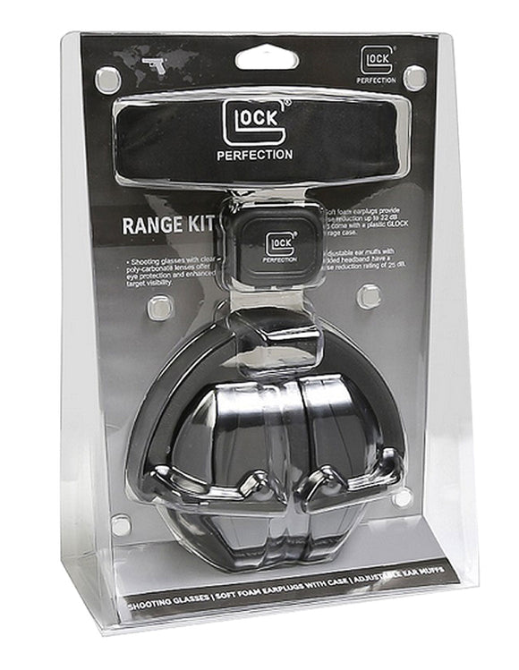 Glock AP60220 Range Kit  25 dB Over the Head Black Ear Cups w/Black Band Muffs, Clear Glasses, 32 dB Ear Plugs