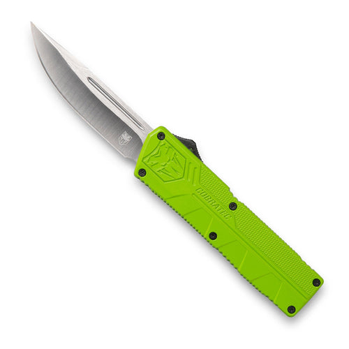 Cobra Tec Knives ZBGCTLWDNS Lightweight  3.25 Drop Point Plain D2 Steel Zombie Green Aluminum Handle OTF