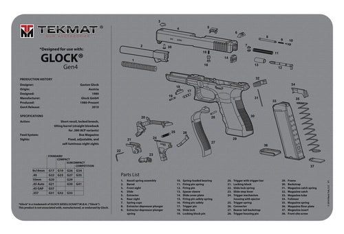TekMat TEKR17GLOCKG4GY Original Cleaning Mat  Glock Gen4 Parts Diagram 11 x 17 Gray