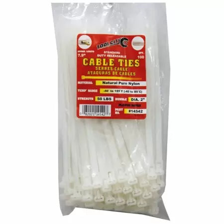 Tool City 7.9 in. L White Nylon 50 lbs. Tensile Releasable Cable Tie 100 Pack (7.9, White)