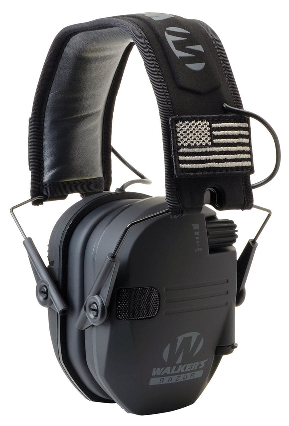 Walkers GWPRSEMPAT Razor Patriot Polymer 23 dB Over the Head Black Ear Cups w/Black Band & Flag Electronic Muff