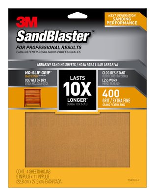 3M™ SandBlaster™ Sandpaper with NO-SLIP GRIP™ Backing  9 in x 11 in, 400-grit, 4 sheets/pk (9