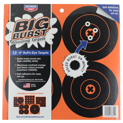 Birchwood Casey 36612 Big Burst  Self-Adhesive Paper 6 Bullseye Orange Target Sheet w/Black Targets 12 Per Pack