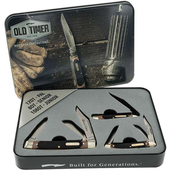 OLD TIMER KNIFE 3PC FOLDER W/ SAW CUT HNDLE & TIN PROMO Q4