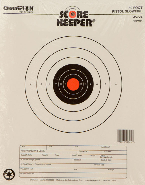Champion Targets 45724 Scorekeeper 50ft Pistol Slowfire Bullseye Hanging Paper Target 11