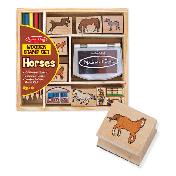 Melissa & Doug Wooden Stamp Set - Horses (10 Wooden Stamps - 2-Color Inkpad - 5 Colored Pencils)
