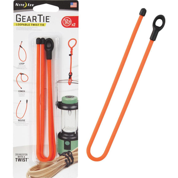 GearTie 12 In. Orange Rubber Loopable Twist Tie (2-Pack)