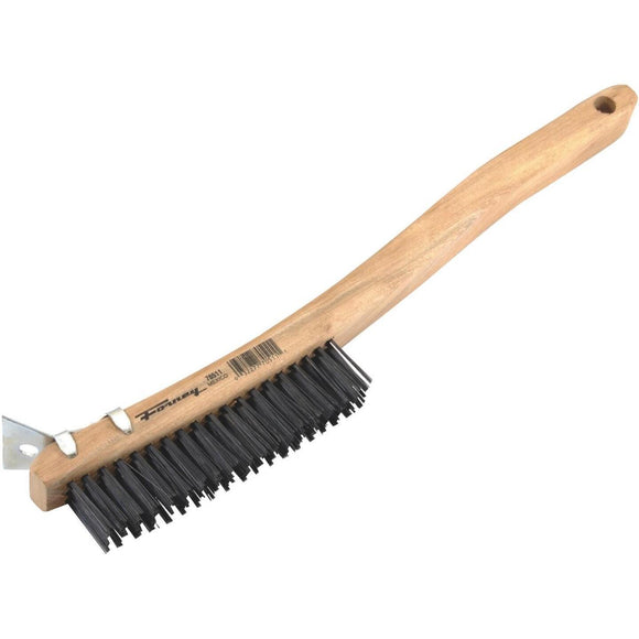 Forney 13-11/16 In. Curved Wood Handle Wire Brush with Carbon Steel Bristles