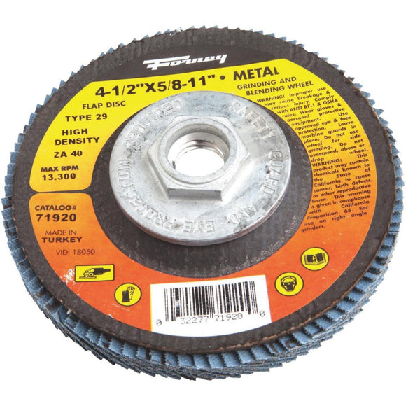 Forney 4-1/2 In. x 5/8 In.-11 40-Grit Type 29 High Density Blue Zirconia Angle Grinder Flap Disc