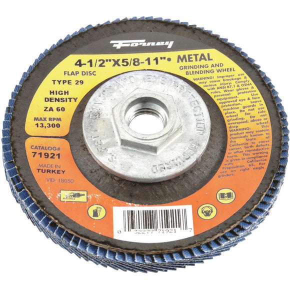 Forney 4-1/2 In. x 5/8 In.-11 60-Grit Type 29 High Density Blue Zirconia Angle Grinder Flap Disc