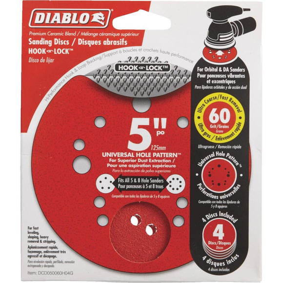 Diablo 5 In. 60-Grit Universal Hole Pattern Vented Sanding Disc with Hook and Lock Backing (4-Pack)
