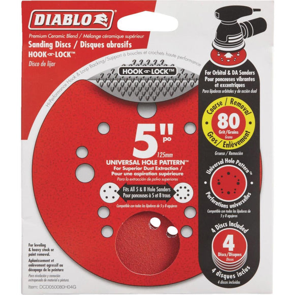 Diablo 5 In. 80-Grit Universal Hole Pattern Vented Sanding Disc with Hook and Lock Backing (4-Pack)