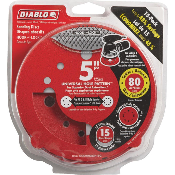 Diablo 5 In. 80-Grit Universal Hole Pattern Vented Sanding Disc with Hook and Lock Backing (15-Pack)