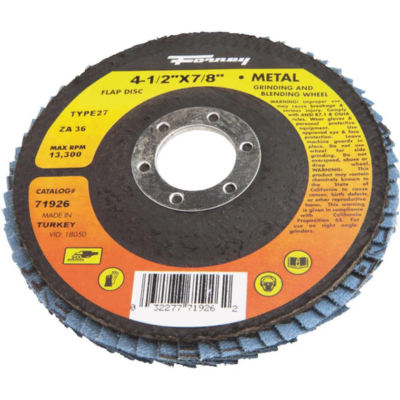 Forney 4-1/2 In. x 7/8 In. 36-Grit Type 27 Blue Zirconia Angle Grinder Flap Disc