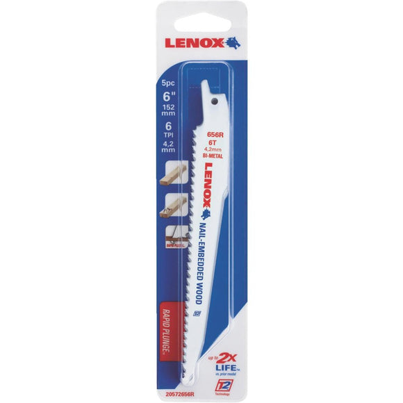 Lenox 6 In. 6 TPI Wood w/Nails Reciprocating Saw Blade (5-Pack)