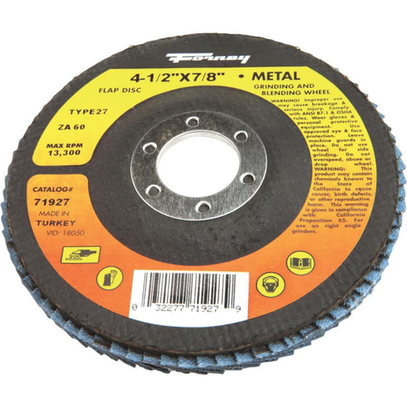 Forney 4-1/2 In. x 7/8 In. 60-Grit Type 27 Blue Zirconia Angle Grinder Flap Disc